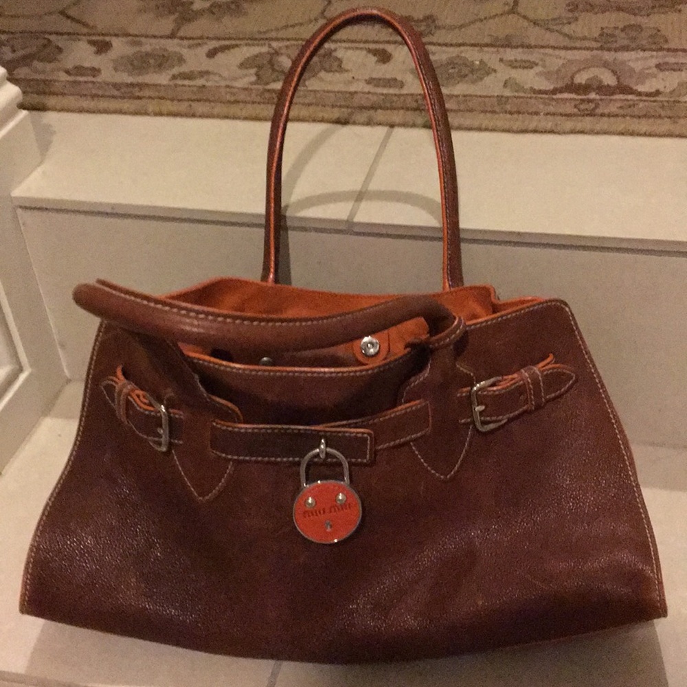 Miu Miu brown with orange accent tote bag like new